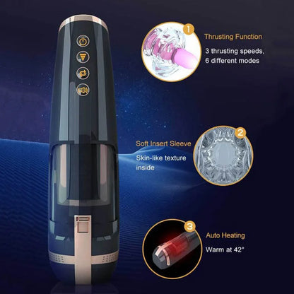 Hero 6 Thrusting Self-Heating Automatic Male Stroker with 3D Textured Sleeve Heating Mens Sex Toy Male Stroker
